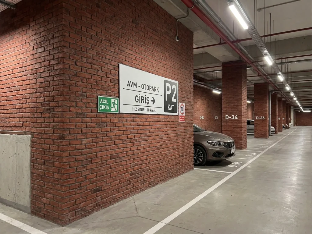 AVM otoparkında Ferro Tuğla Redra ile kaplı duvarlar
