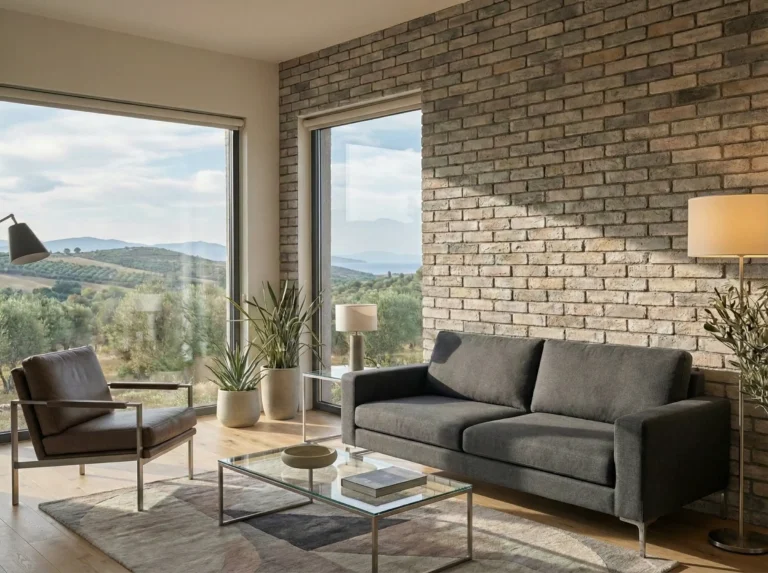 Ferro Tuğla Silva ile kaplı duvarlı modern oturma odası