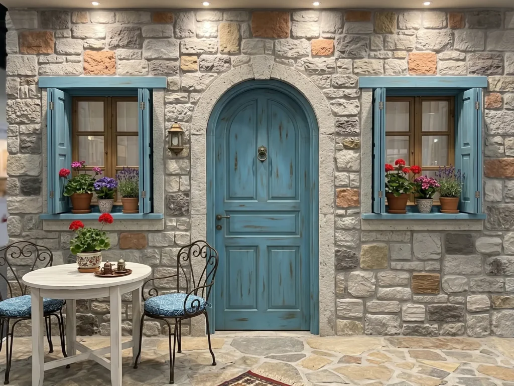 Milas Taşı Tinox ile kaplı taş cephe ve mavi kapı