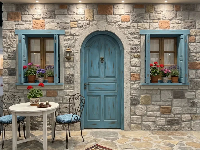 Milas Taşı Tinox ile kaplı taş cephe ve mavi kapı