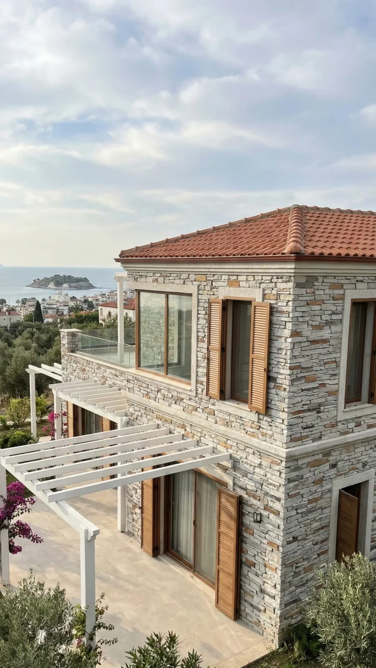 Rodos Taşı Tinox ile kaplı iki katlı taş ev ve teras