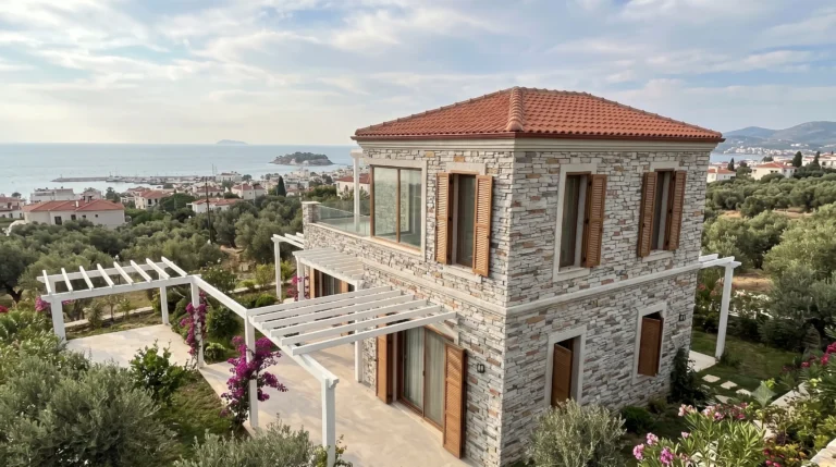 Rodos Taşı Tinox ile kaplı kiremit çatılı taş ev