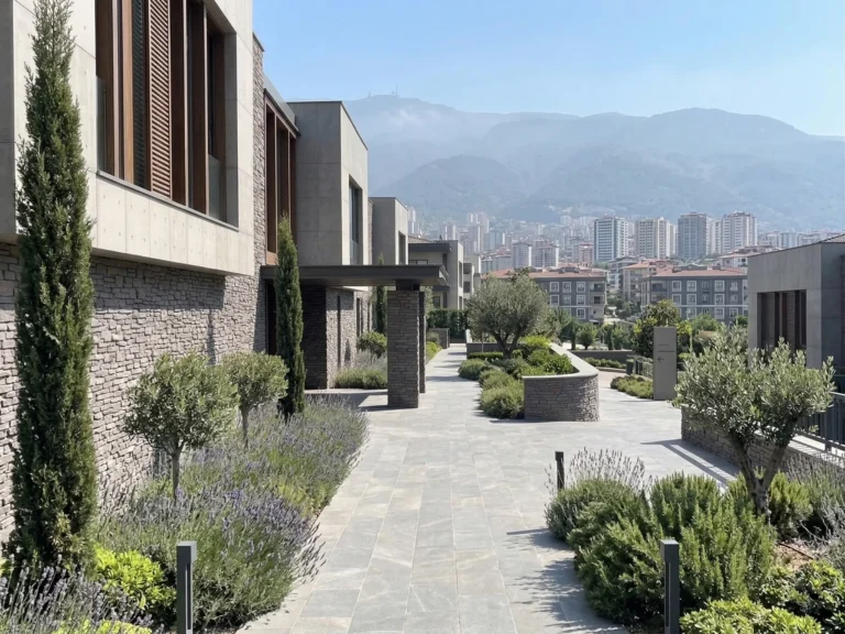 Yeşil Bursa Konutları projesinde Rodos Taşı Anthracite ile kaplı konutlar ve bahçe yolu
