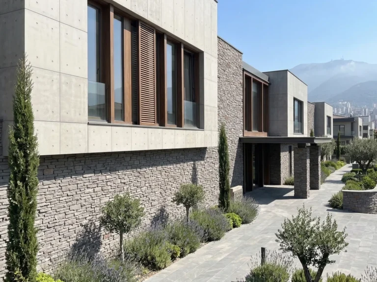 Yeşil Bursa Konutları projesinde Rodos Taşı Anthracite ile kaplı konut cephesi